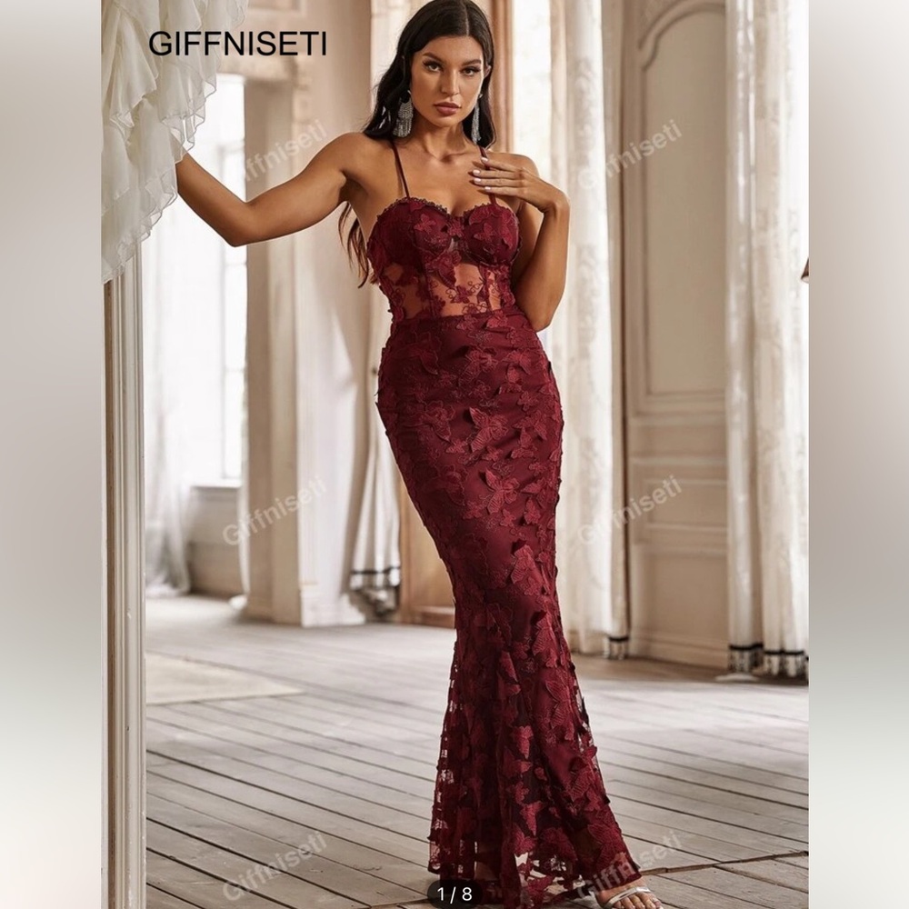 SHEIN | L | Burgundy Lace-up Mermaid Dress with Butterfly Appliqué